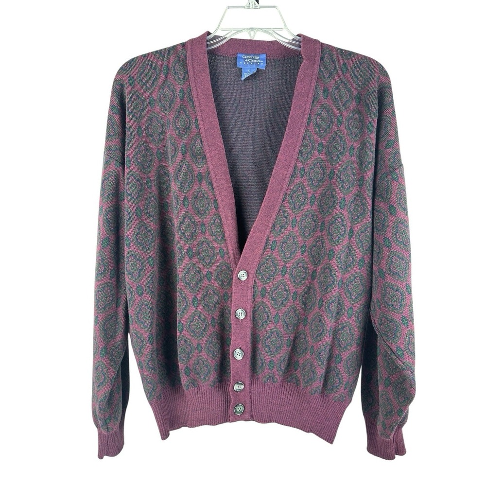 Vtg Cambridge Classics Mens Cardigan Sz L Wool Blend Grandpa Preppy Italy Merlot